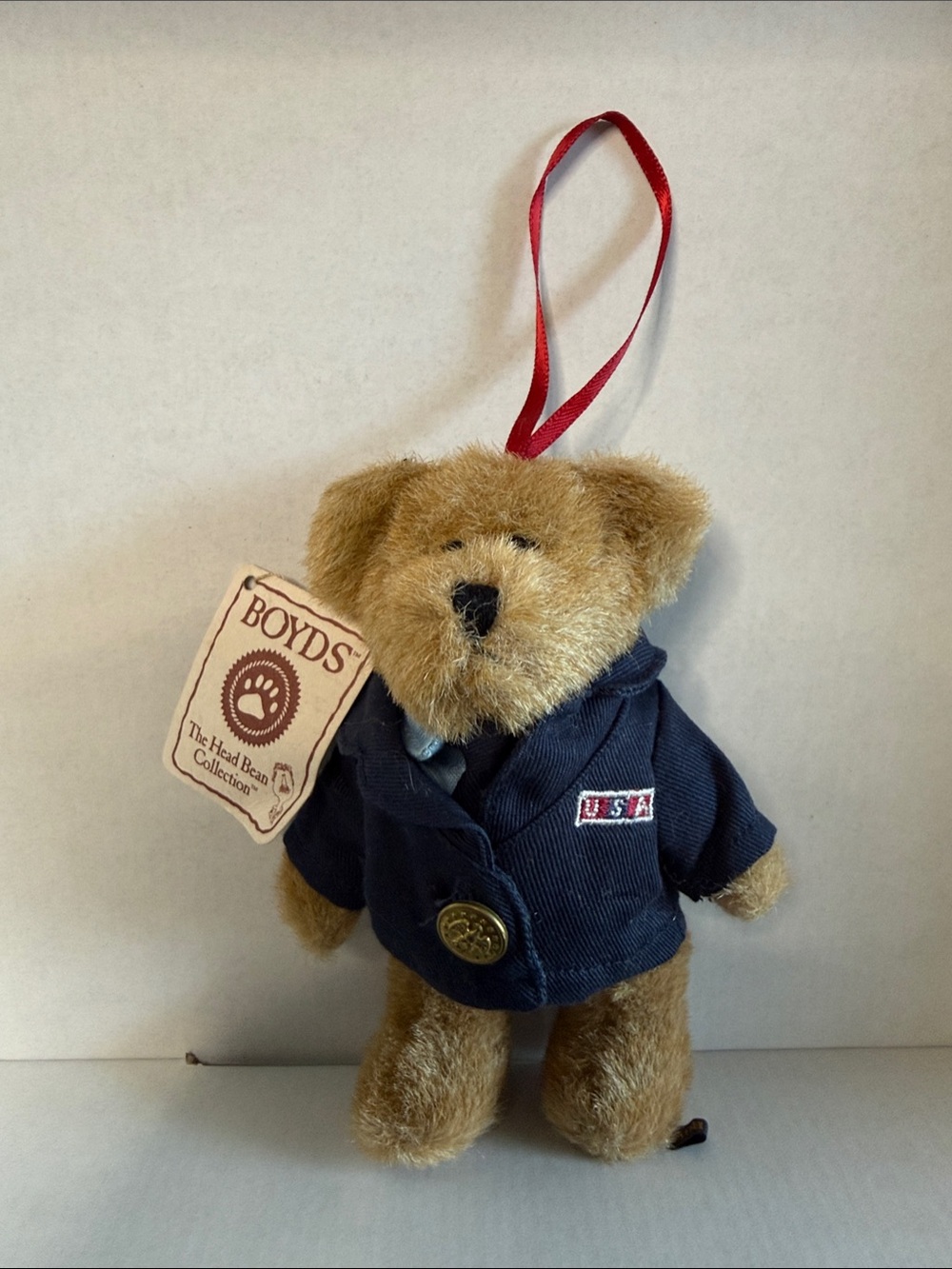 Boyd Bear Plush Brown Bear Ornament in Navy Jacket - USA Patch NWT